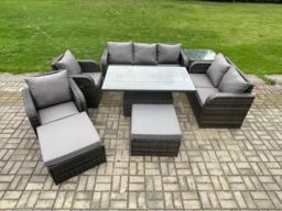 Fimous Outdoor Rattan Furniture Garden Dining Set Height Adjustable Rising lifting Table Reclining Chair Sofa With Side Table in Dark Grey - thumbnail 2
