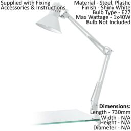 Loops Table Desk Lamp Colour Shiny White Moveable In Line Switch Bulb E27 1x40W - thumbnail 2
