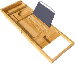 MANTRARAJ Bamboo Bath Caddy Bath Tray with Extending Sides Wood Bathtub Rack in Brown - thumbnail 6