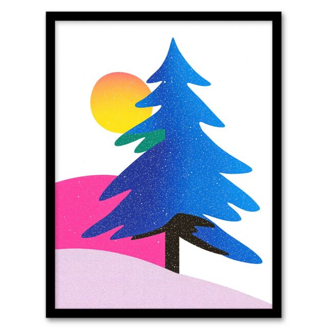 "Artery8 Modern Abstract Tree Snow Sun Bold Colourful Framed Art Print in Blue - Size: W12"" x H16""" - image 1