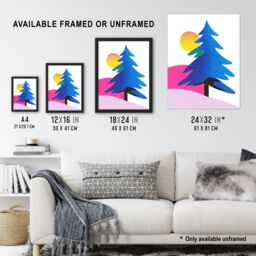 "Artery8 Modern Abstract Tree Snow Sun Bold Colourful Framed Art Print in Blue - Size: W12"" x H16""" - thumbnail 3