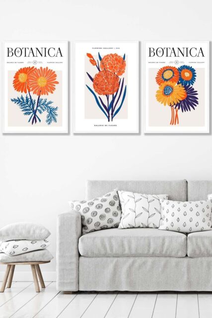 ARTZE Set of 3 White Framed Bright Orange & Blue Flower Market Wall Art - Size: W33 cm x H45 cm x D20mm - image 1