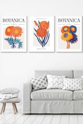ARTZE Set of 3 White Framed Bright Orange & Blue Flower Market Wall Art - Size: W33 cm x H45 cm x D20mm - thumbnail 1