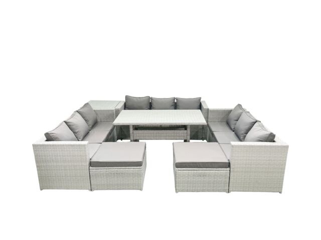 Fimous Rattan Garden Outdoor Furniture Set 11 Seater Garden Sofa Rectangulr Dining Table Set with 2 Big Footstools Side Table Light Grey Mixed - image 1