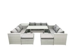 Fimous Rattan Garden Outdoor Furniture Set 11 Seater Garden Sofa Rectangulr Dining Table Set with 2 Big Footstools Side Table Light Grey Mixed - thumbnail 1