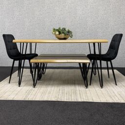 KOSY KOALA Modern Dining Table Set With 2 Black Velvet Chairs & 2 Benches Kitchen Dining Room Furniture in Brown - thumbnail 3