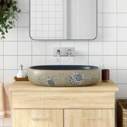 Berkfield Home Countertop Basin Sand & Blue Oval 59x40x14 cm Ceramic - Size: 59 x 40 x 14 cm - thumbnail 2