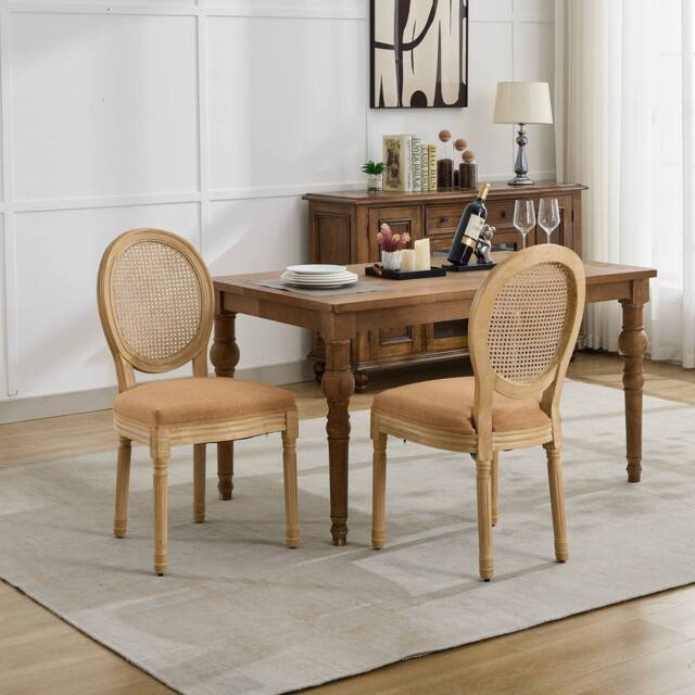 HomeTouch Set of 6 French Style Rattan Back Kitchen Dining Chairs with Linen Fabric Upholstered Seat in Light Brown - Size: 6 Pack - image 1