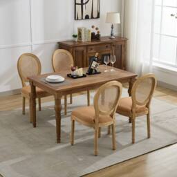 HomeTouch Set of 6 French Style Rattan Back Kitchen Dining Chairs with Linen Fabric Upholstered Seat in Light Brown - Size: 6 Pack - thumbnail 3