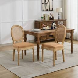 HomeTouch Set of 6 French Style Rattan Back Kitchen Dining Chairs with Linen Fabric Upholstered Seat in Light Brown - Size: 6 Pack - thumbnail 5