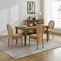 HomeTouch Set of 6 French Style Rattan Back Kitchen Dining Chairs with Linen Fabric Upholstered Seat in Light Brown - Size: 6 Pack - thumbnail 4