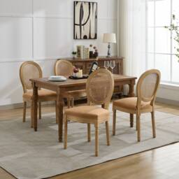 HomeTouch Set of 6 French Style Rattan Back Kitchen Dining Chairs with Linen Fabric Upholstered Seat in Light Brown - Size: 6 Pack - thumbnail 2