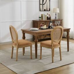 HomeTouch Set of 6 French Style Rattan Back Kitchen Dining Chairs with Linen Fabric Upholstered Seat in Light Brown - Size: 6 Pack - thumbnail 7