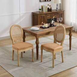 HomeTouch Set of 6 French Style Rattan Back Kitchen Dining Chairs with Linen Fabric Upholstered Seat in Light Brown - Size: 6 Pack - thumbnail 6