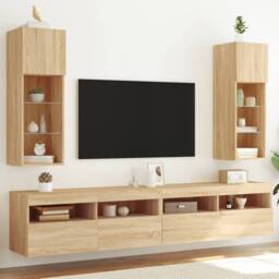Berkfield Home TV Cabinets with LED Lights 2 pcs Sonoma Oak 30.5x30x90 cm in Light Brown - thumbnail 2