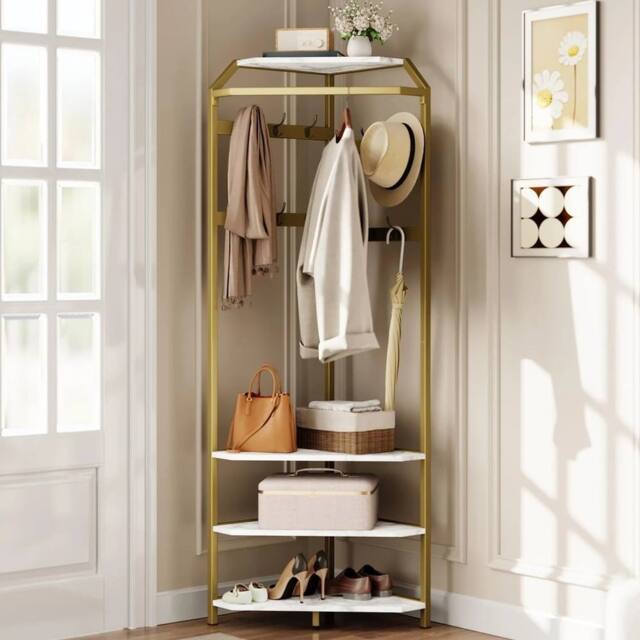 VOGREX Corner Coat Rack Hall Tree with Shoe Storage in Gold - image 1