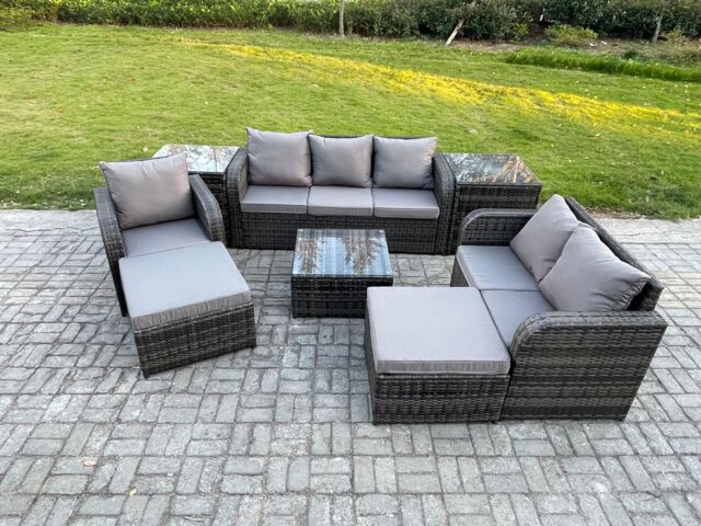 Fimous Indoor Outdoor Rattan Garden Furniture 8 Seater Set Table Sofa Chair Conservatory with Grey Cushions 2 Big Footstool in Dark Grey - image 1