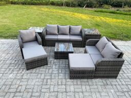 Fimous Indoor Outdoor Rattan Garden Furniture 8 Seater Set Table Sofa Chair Conservatory with Grey Cushions 2 Big Footstool in Dark Grey - thumbnail 1
