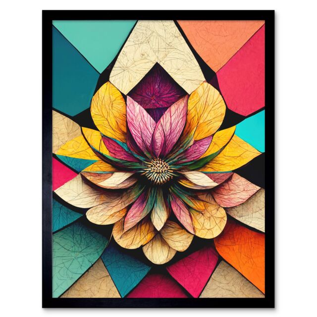 "Artery8 Wall Art Print Geometric Floral Mandala Bright Multicoloured Shapes Art Framed in Black - Size: W12"" x H16""" - image 1