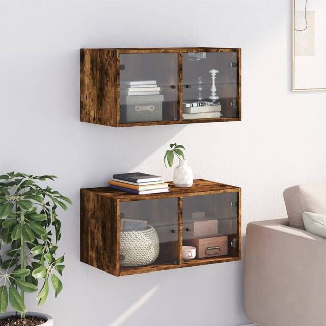 Berkfield Home Wall Cabinets with Glass Doors 2 pcs Smoked Oak 68.5x37x35 cm in Brown - image 1