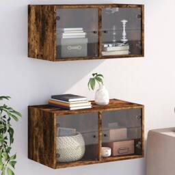 Berkfield Home Wall Cabinets with Glass Doors 2 pcs Smoked Oak 68.5x37x35 cm in Brown - thumbnail 2
