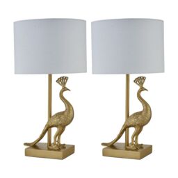 First Choice Lighting Set of 2 Majestic - Gold Peacock Table Lamps with White Shades - thumbnail 1
