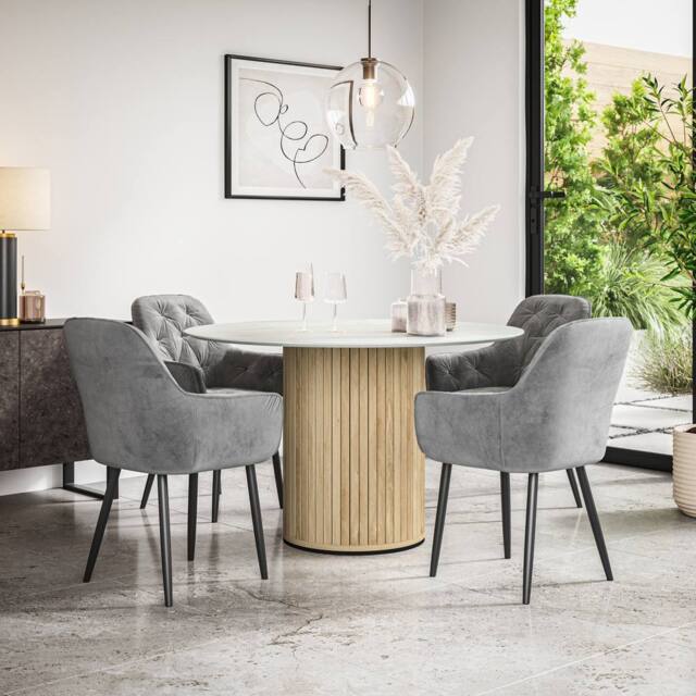 More4Homes Arlo White Marble Top W Oak Legs + Anika Velvet Dining Chair Set Of 4 in Grey - image 1