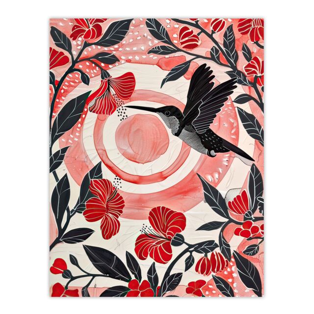 "Artery8 Hibiscus Flowers Hummingbird Red Black Sunset Sun Wall Art Print in Yellow - Size: W18"" x H24""" - image 1
