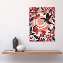 "Artery8 Hibiscus Flowers Hummingbird Red Black Sunset Sun Wall Art Print in Yellow - Size: W18"" x H24""" - thumbnail 4