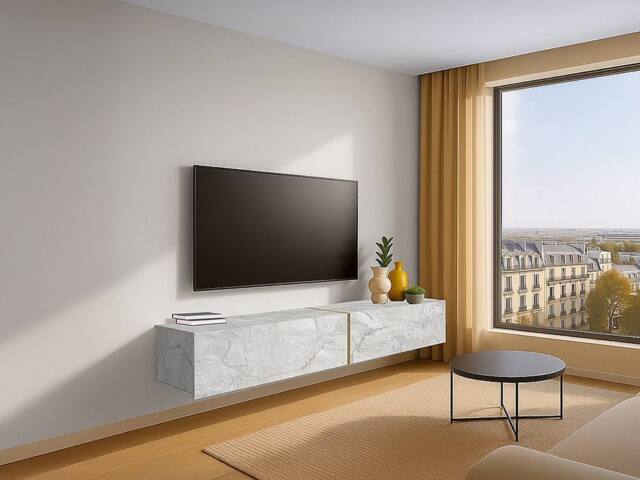 Vente-unique Wall-Mounted TV Unit With 2 Doors - White Marble Effect - DINOMA - image 1
