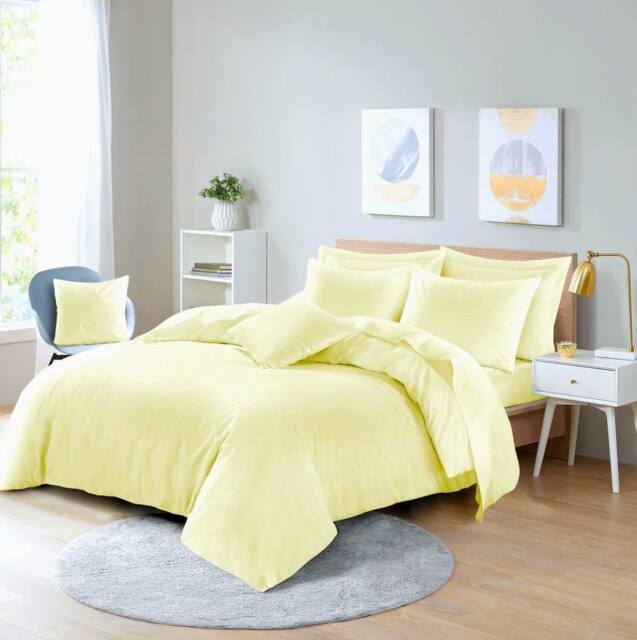 Homes-Linen Plain Dyed Polycotton Duvet Cover Set with Pillowcases in Lemon - Size: Single - image 1