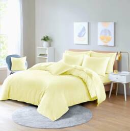 Homes-Linen Plain Dyed Polycotton Duvet Cover Set with Pillowcases in Lemon - Size: Single - thumbnail 1