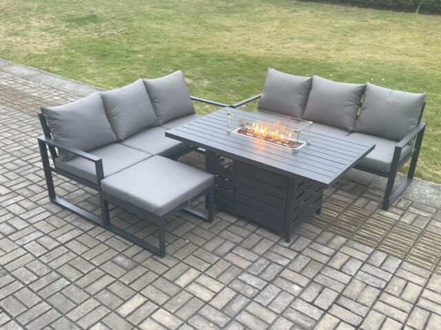 Fimous Aluminium 7 Seater Outdoor Garden Furniture Lounge Sofa Set Gas Fire Pit Dining Table with Big Footstool Dark Grey - image 1