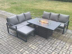 Fimous Aluminium 7 Seater Outdoor Garden Furniture Lounge Sofa Set Gas Fire Pit Dining Table with Big Footstool Dark Grey - thumbnail 1