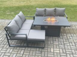 Fimous Aluminium 7 Seater Outdoor Garden Furniture Lounge Sofa Set Gas Fire Pit Dining Table with Big Footstool Dark Grey - thumbnail 2