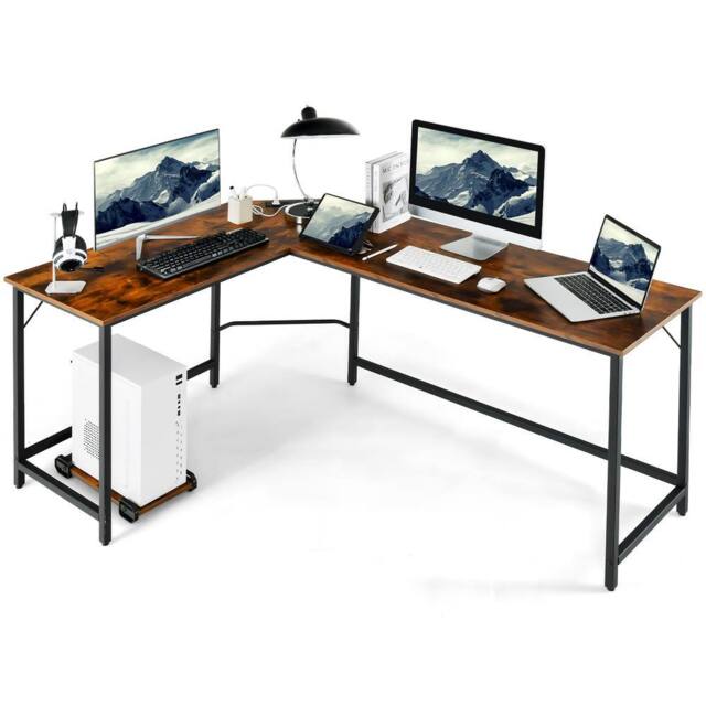Costway L-Shaped Home Office Desk Computer Corner Desk Gaming Table with CPU Stand in Brown - image 1