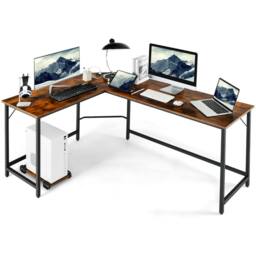 Costway L-Shaped Home Office Desk Computer Corner Desk Gaming Table with CPU Stand in Brown - thumbnail 1