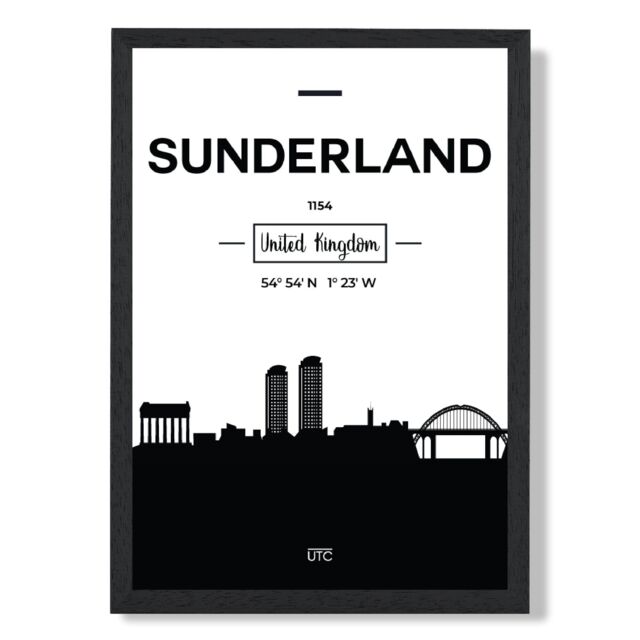 ARTZE Sunderland Black & White City Skyline Framed Print SIZE: A2 with Black Frame - Size: A4 - image 1
