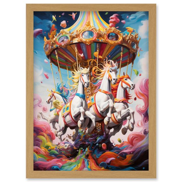 Artery8 Wall Art Print Magical Carousel in Rainbow Clouds Bright Bold Vibrant Fantasy Kids Bedroom Baby Nursery Artwork Framed A4 in Light Oak - image 1