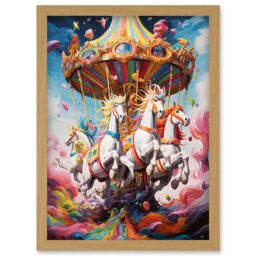 Artery8 Wall Art Print Magical Carousel in Rainbow Clouds Bright Bold Vibrant Fantasy Kids Bedroom Baby Nursery Artwork Framed A4 in Light Oak - thumbnail 1