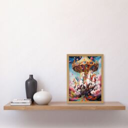 Artery8 Wall Art Print Magical Carousel in Rainbow Clouds Bright Bold Vibrant Fantasy Kids Bedroom Baby Nursery Artwork Framed A4 in Light Oak - thumbnail 2