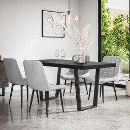More4Homes Aria Dining Table & Chairs - Black Table Top w Black Legs + Nova Velvet Dining Chair Set Of 6 in Grey