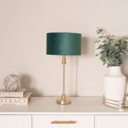 ValueLights Maggie Gold Candlestick Table Lamp with Velvet Drum with Gold Inner Shade & Bulb in Bottle Green - thumbnail 3