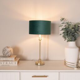 ValueLights Maggie Gold Candlestick Table Lamp with Velvet Drum with Gold Inner Shade & Bulb in Bottle Green