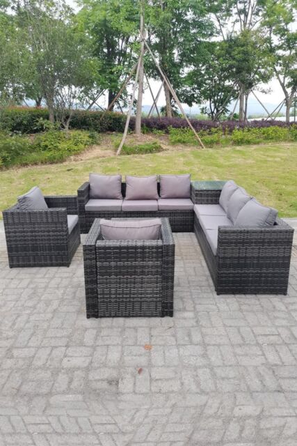 Fimous Dark Mixed Grey Outdoor Rattan Garden Furniture Set Corner Sofa 2 Tables With 2 Chairs in Dark Grey - image 1