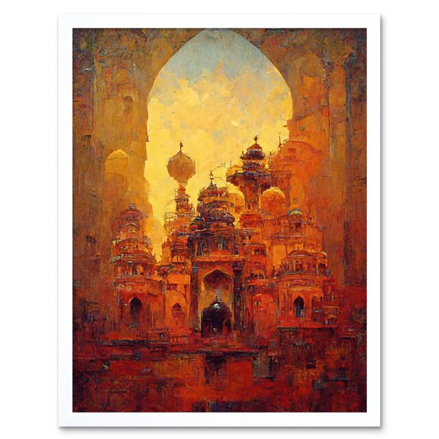 "Artery8 Wall Art Print Visions Of Petra Arabic Cityscape Oil Art Framed in White - Size: W12"" x H16""" - image 1