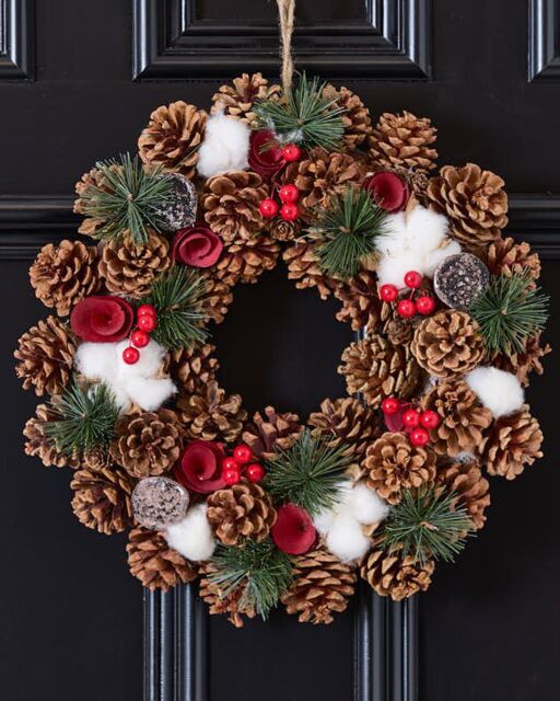 Dibor Pinecone & Roses Xmas Decor Front Door Wreath Christmas Wreath 36cm in Red - image 1