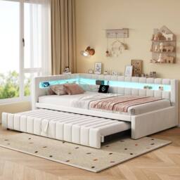 BTM 4FT6 Double Upholstered Bed Side Rails Twin Headboards Beige - thumbnail 2