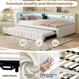 BTM 4FT6 Double Upholstered Bed Side Rails Twin Headboards Beige - thumbnail 8