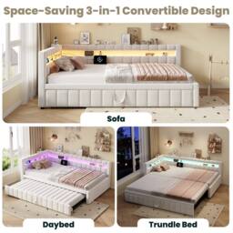 BTM 4FT6 Double Upholstered Bed Side Rails Twin Headboards Beige - thumbnail 7